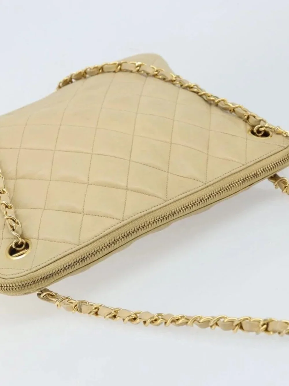 CHANEL Matelasse Chain Shoulder Tote Bag Lamb Skin Beige Gold CC Auth ARZ444